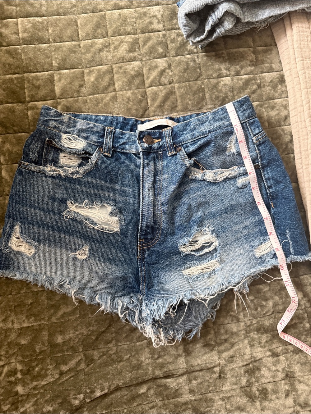 Zara size 4 Light Blue Distressed Denim Shorts with Brown Leather Patch